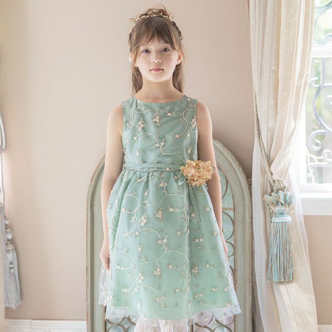 日本 Catherine Cottage - 精緻花朵刺繡薄紗洋裝/小禮服-附繡球花別針-水藍