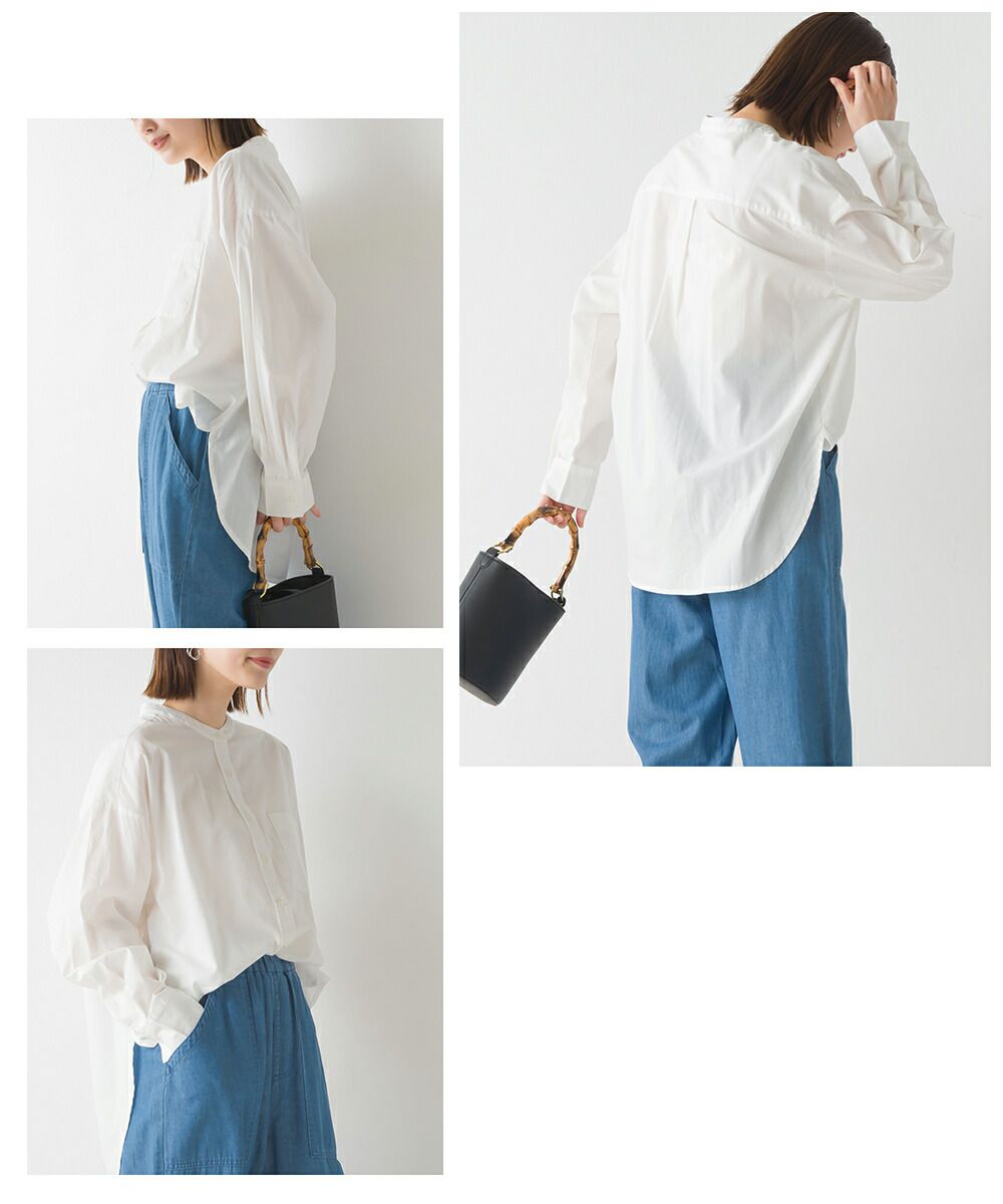 日本 OMNES - 100%棉 厚磅小立領長袖襯衫-條紋-藍白-1435