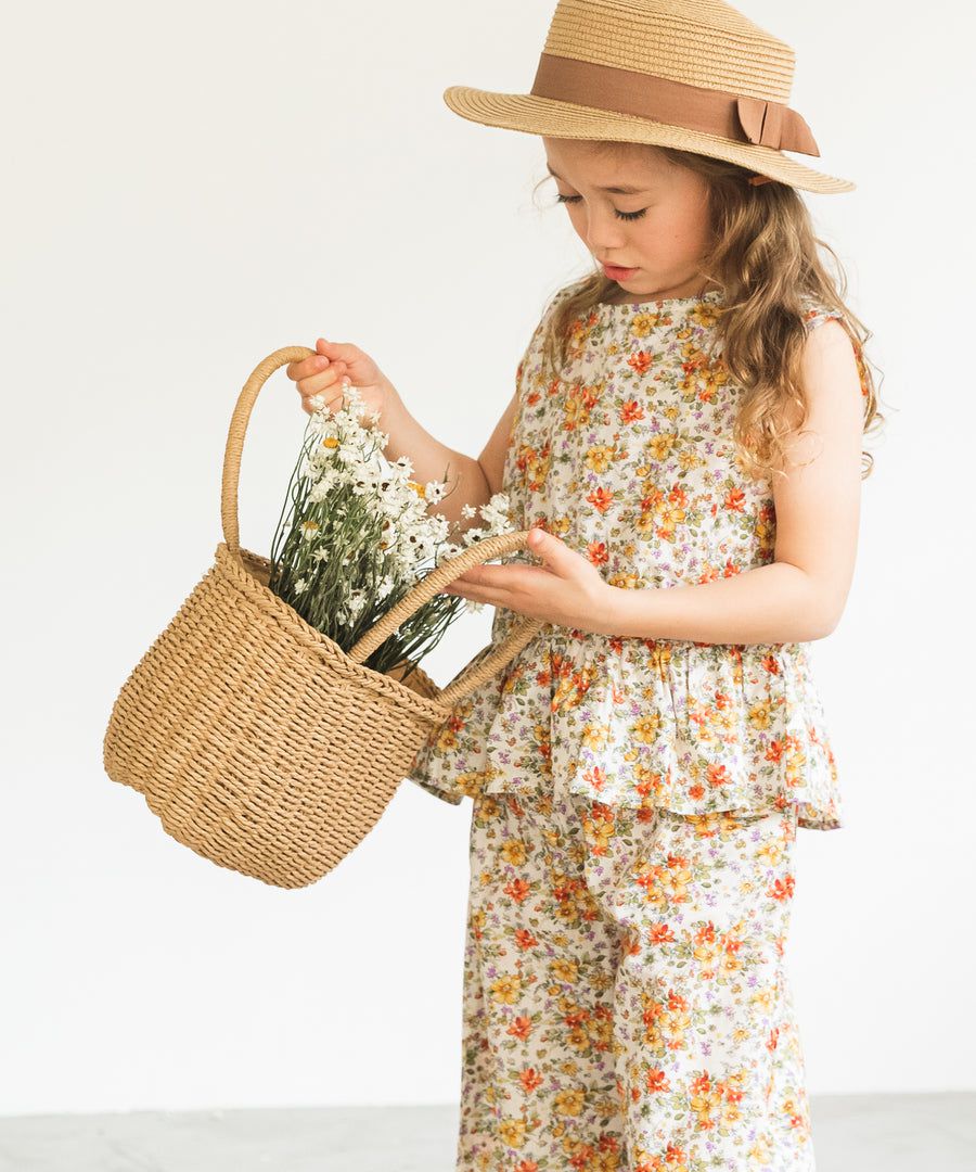 日本 PAIRMANON - 法式復古荷葉衣襬無袖上衣X寬褲兩件組-直條紋-杏