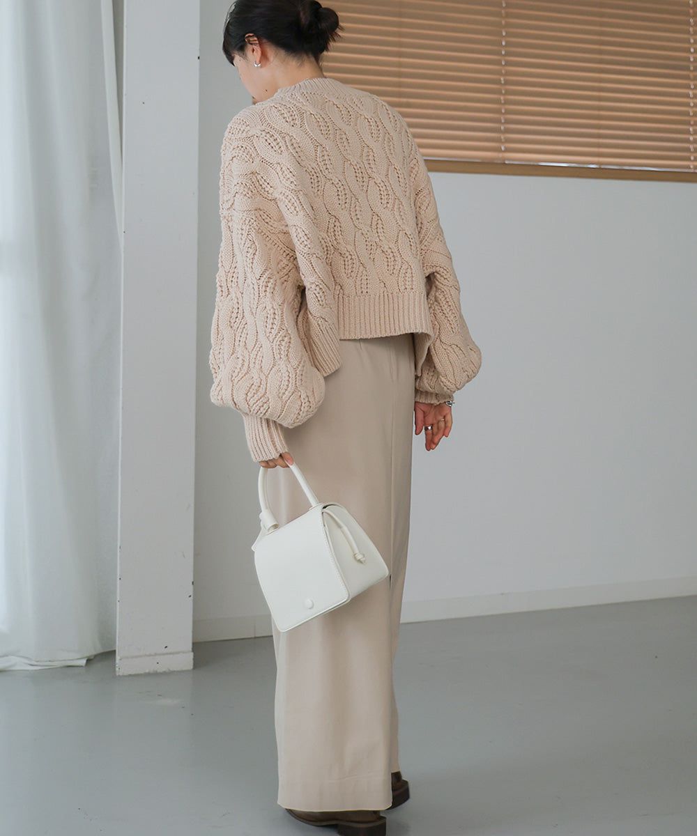 日本 Bab - 麻花編織圓領泡泡袖毛衣-粉膚