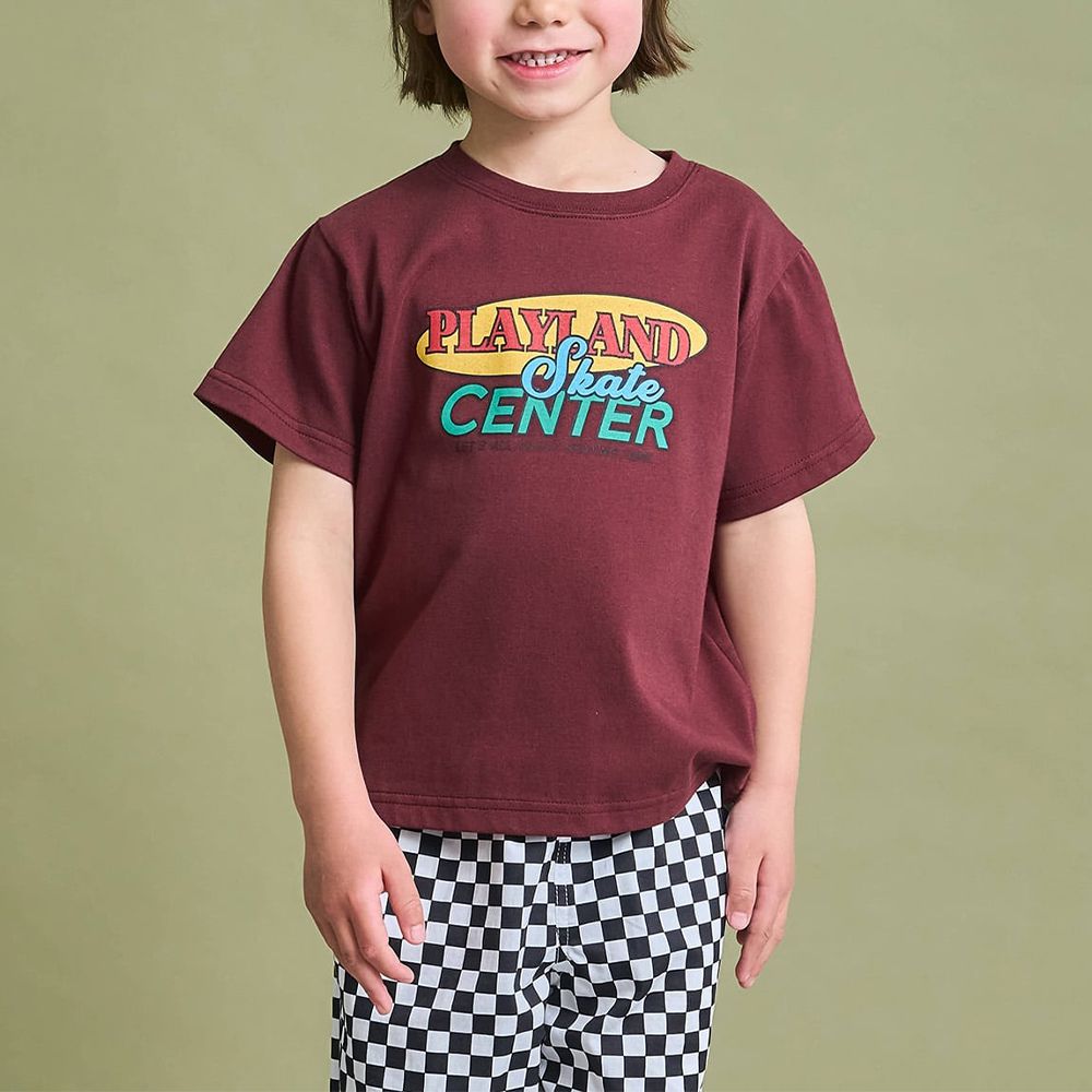 防污速乾印花短袖上衣-英文logo-磚紅