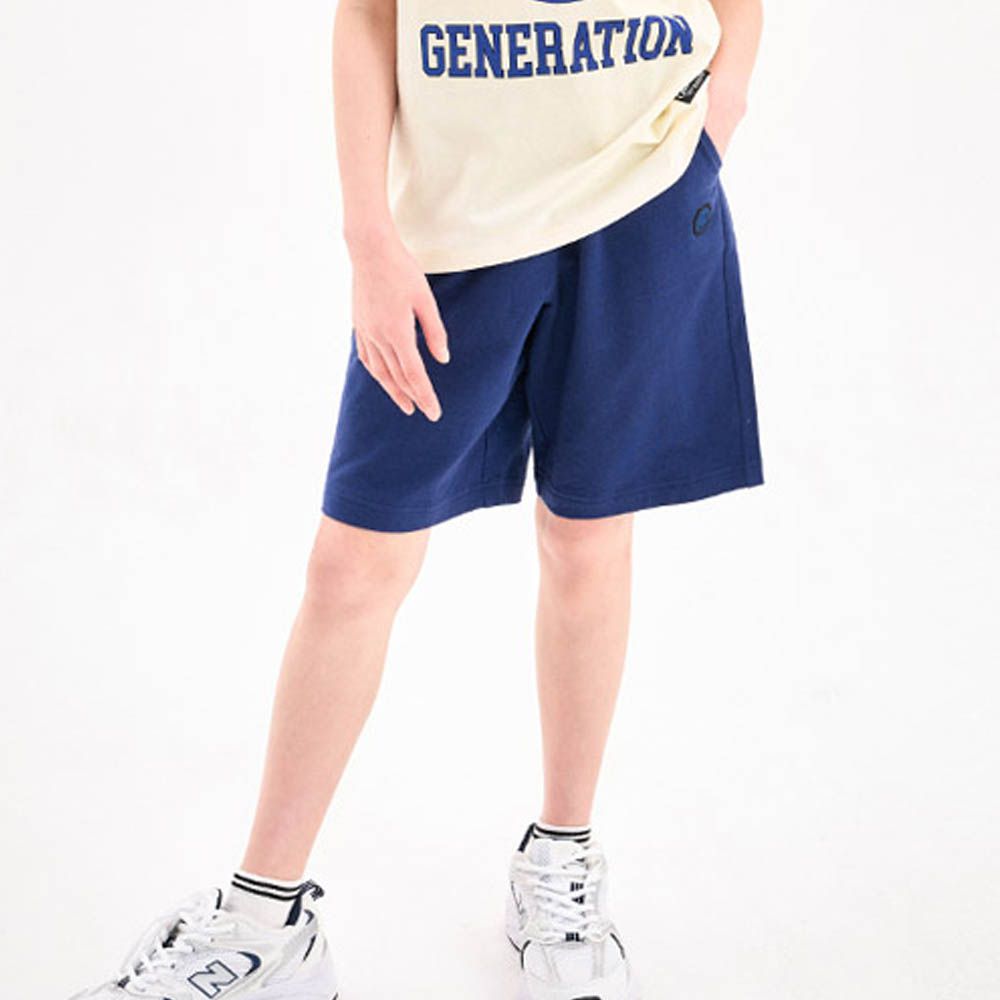 鬆緊腰小笑臉裝飾純棉五分褲-深藍