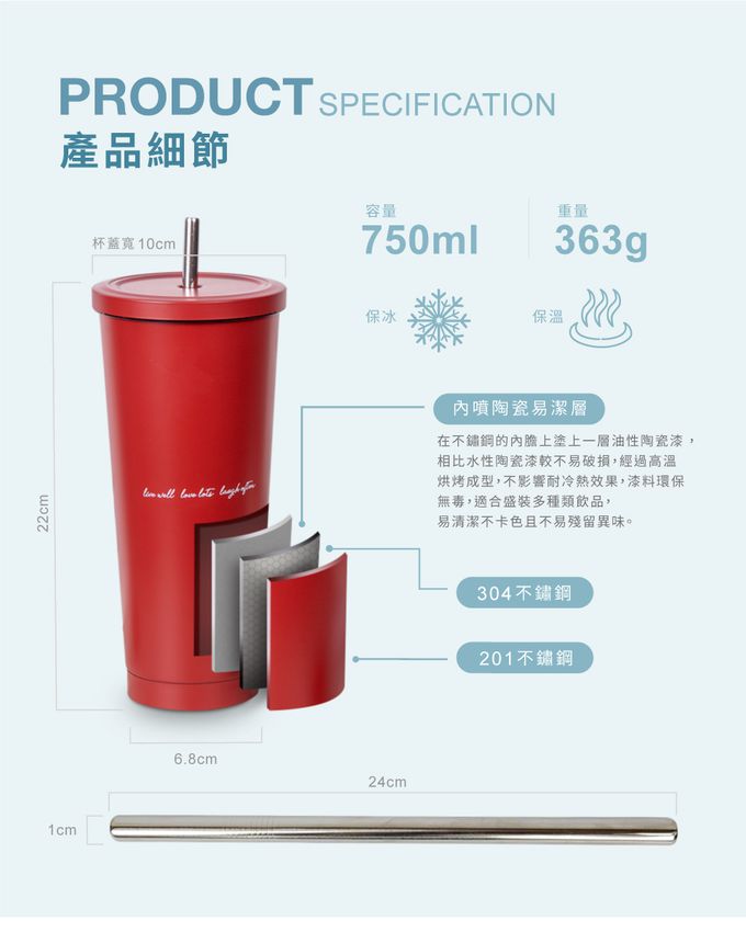 Hiromimi - 不鏽鋼內瓷吸管杯大容量750ml-燒磚緋紅-750ml