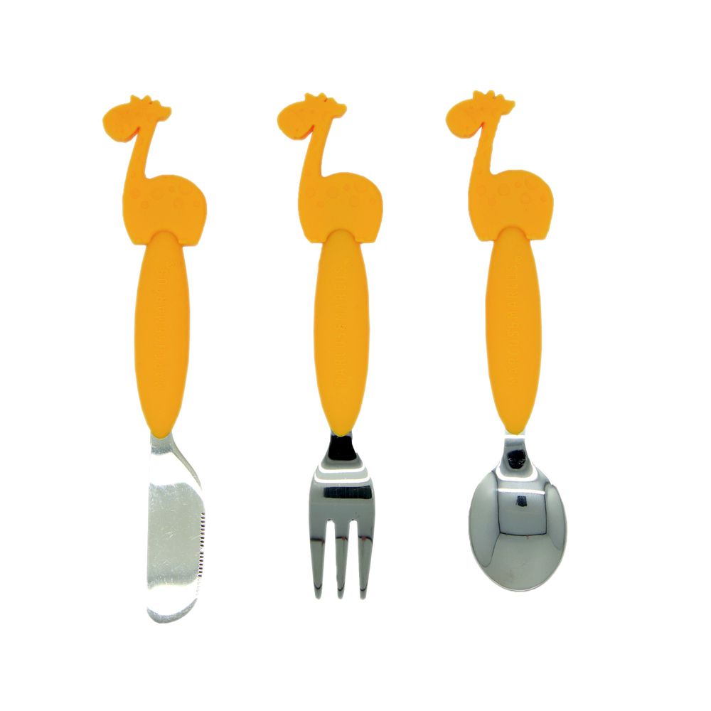 動物樂園不鏽鋼刀叉匙三件組-長頸鹿(黃)