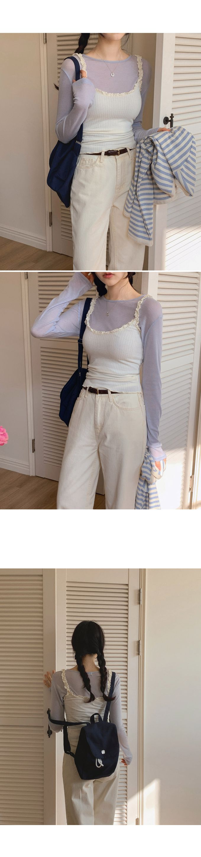 韓國女裝代購 - 換季必備！極簡薄透長袖上衣-灰藍 (FREE)