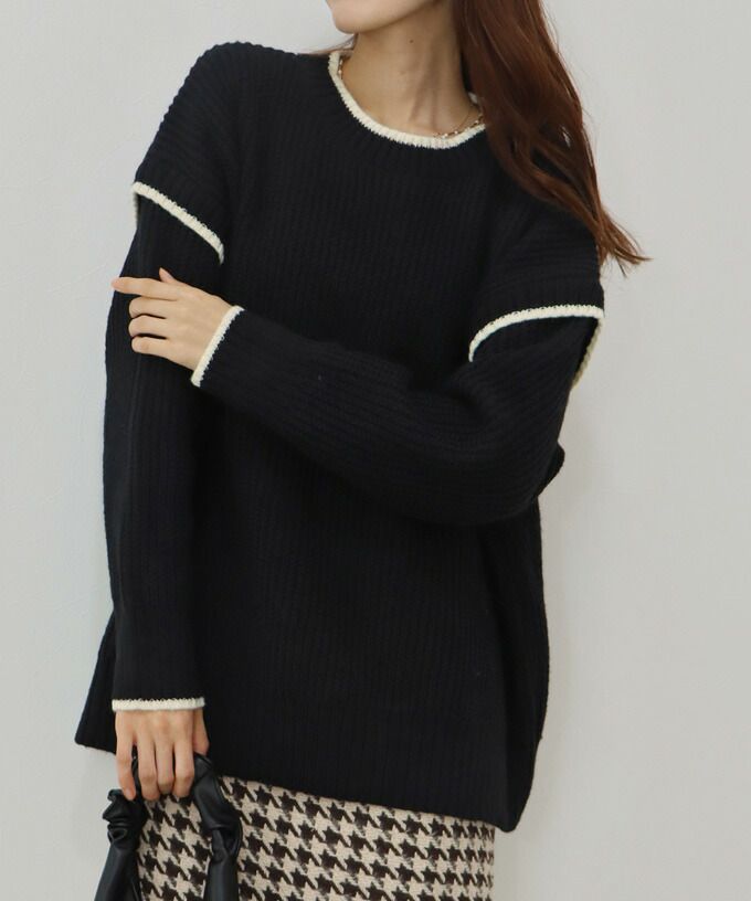 日本 BLUE EAST - 撞色滾邊落肩針織毛衣-米白