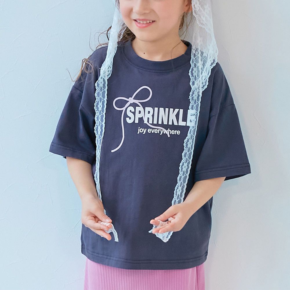 100%棉 可愛女孩寬版短袖上衣-甜美蝴蝶結-海軍藍