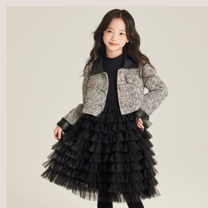 法式輕奢小香風花呢仿皮革領袖口短版夾克 女童小香風帥氣夾克