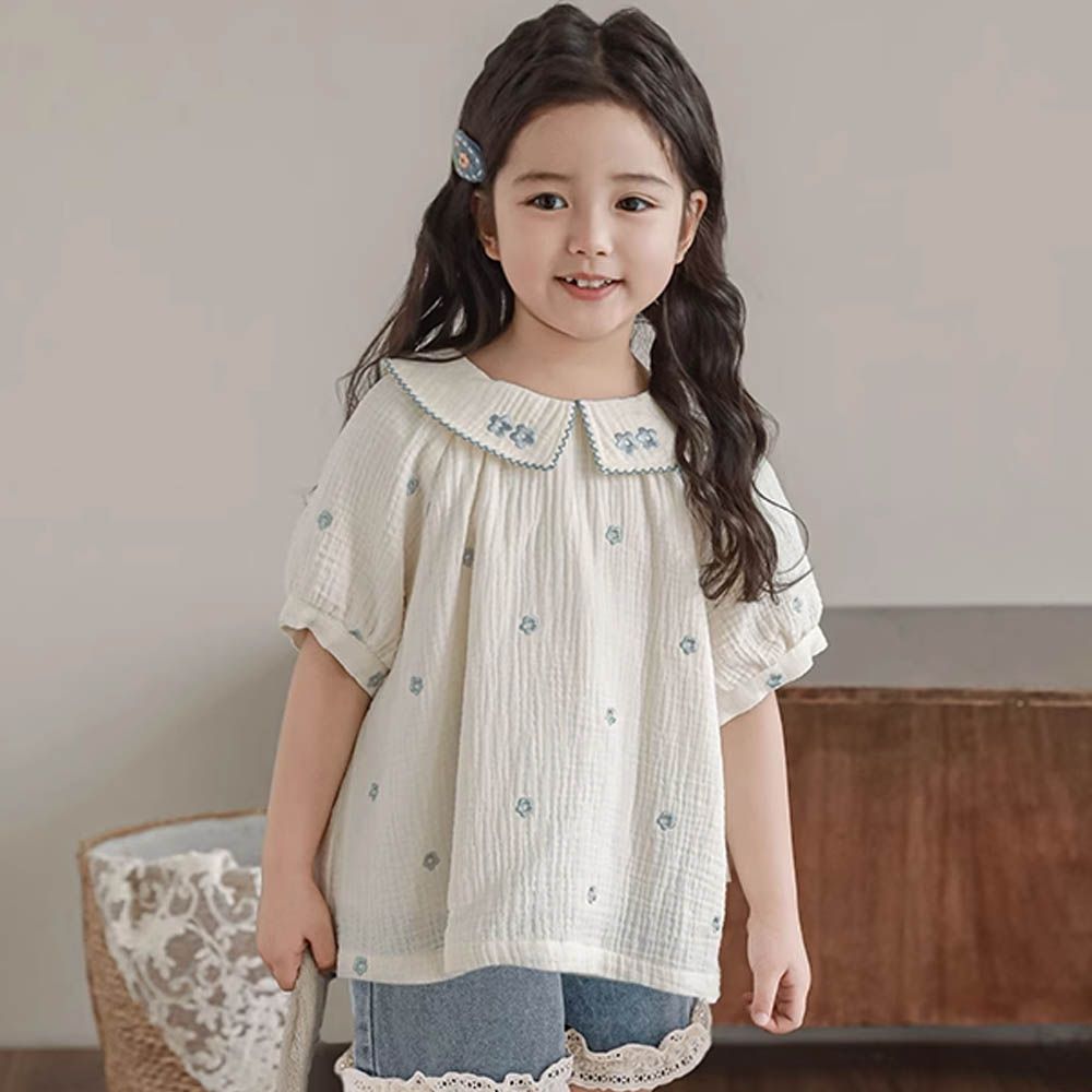 純棉空氣感後開扣泡泡袖上衣-刺繡小花-米白