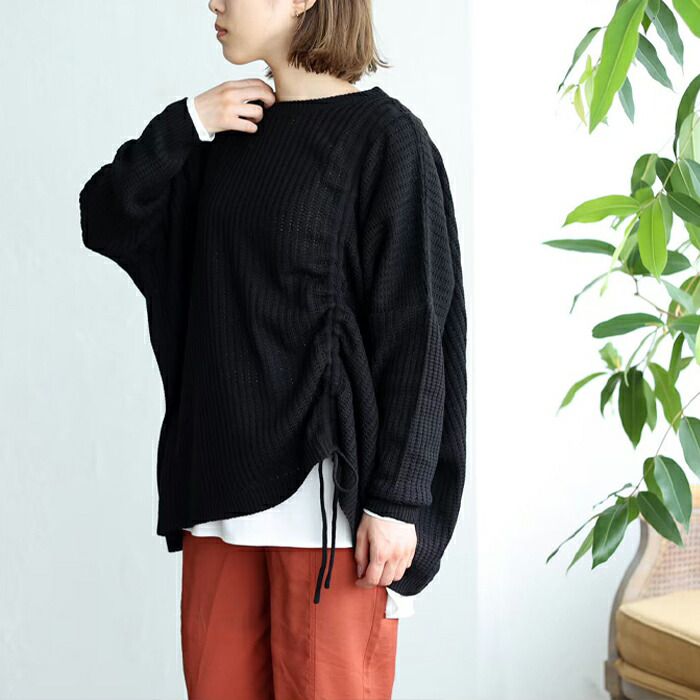 日本 ihuu - 側抽繩落肩船領針織上衣-米杏