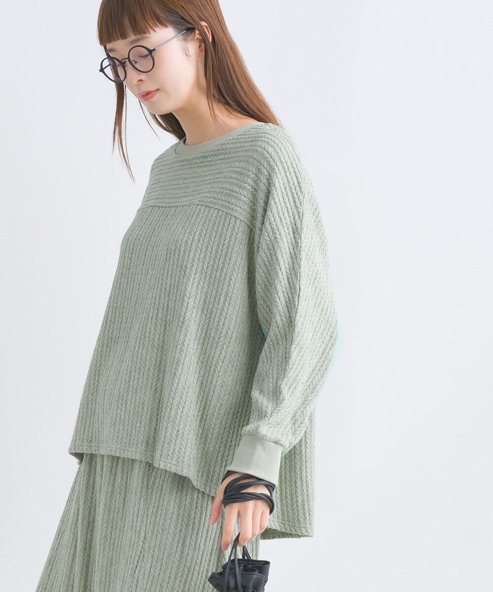 日本女裝代購 - 拼接撞色寬袖麻花針織上衣-灰