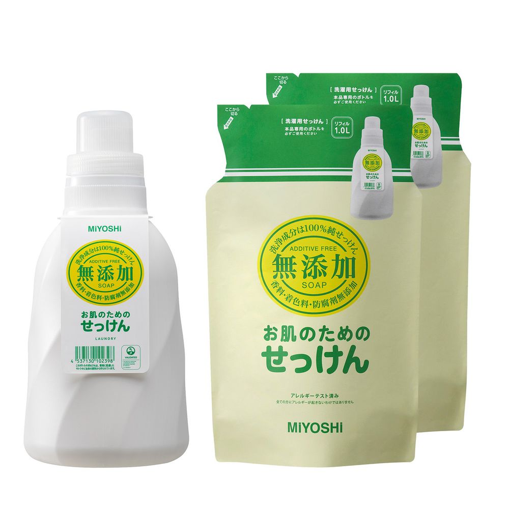日本 MIYOSHI 無添加 - 洗衣精-1瓶+2補充包組-1.1L+1L*2