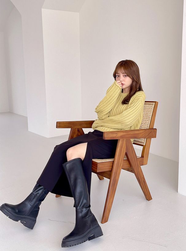 日本 GRL - 圓領坑條短版針織上衣-米杏 (F)