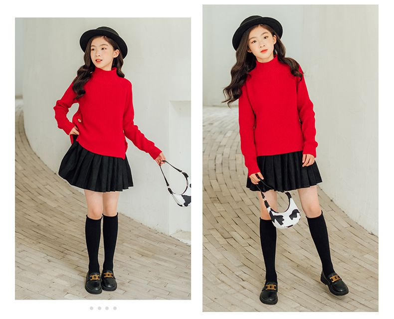 加厚半高領開衩長袖針織上衣-杏色