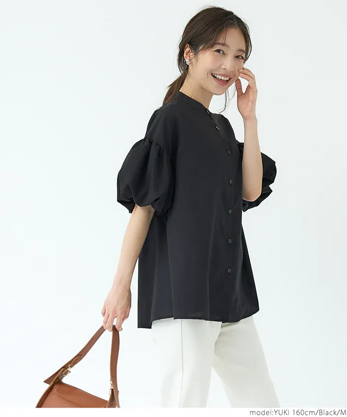 日本 COCA - 輕薄圓領泡泡短袖襯衫-淺米