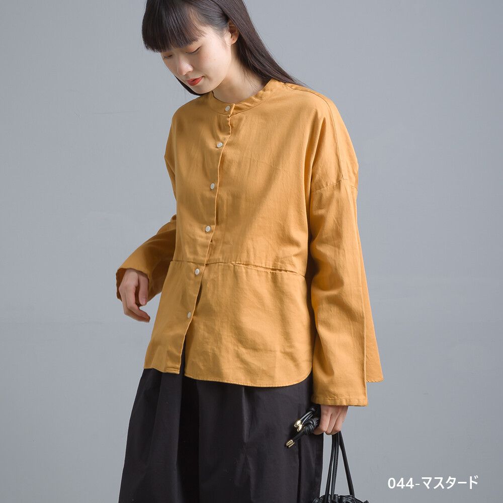 日本女裝代購 - 純棉 中山領口袋長袖襯衫-米杏 (Free)