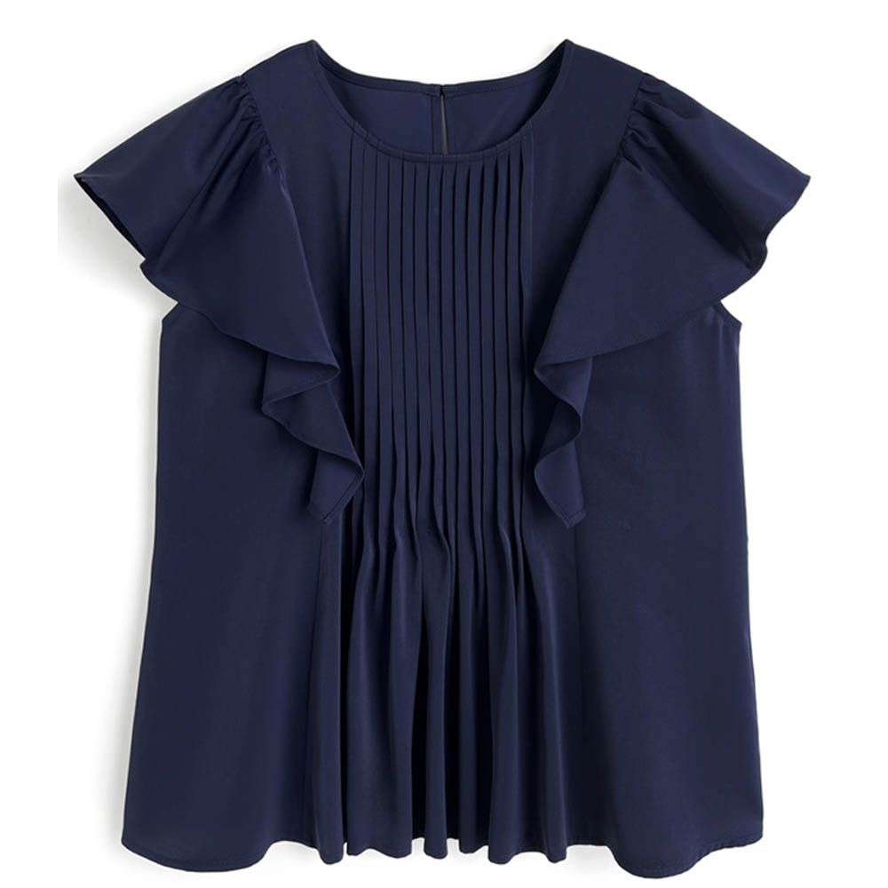 氣質線條圓領荷葉短袖上衣-海軍藍 (F)