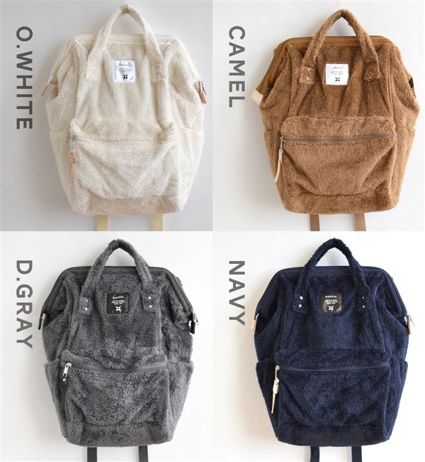 日本 Anello - 大開口毛毛後揹包-Regular大尺寸-IV米白