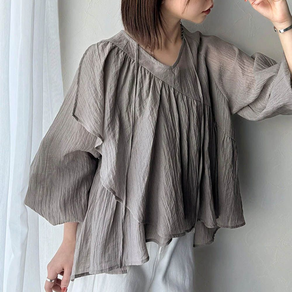清新飄逸不對稱荷葉長袖上衣-炭灰