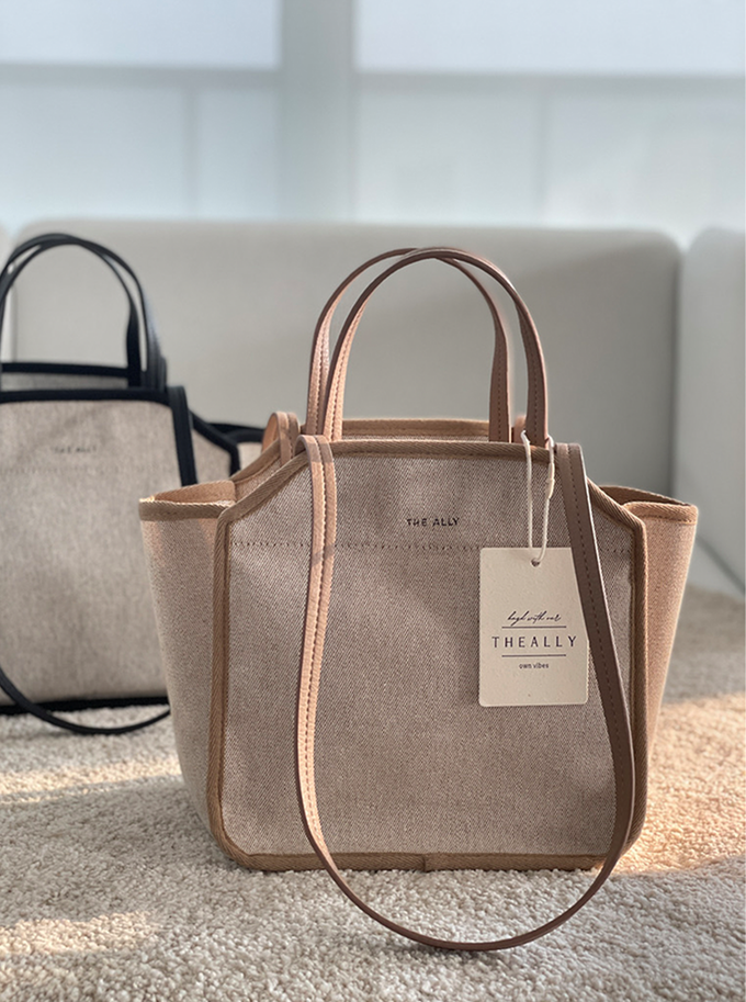 韓國 THEALLY - (附小袋)質挺帆布方包手提/肩背包-焦糖咖 (中)
