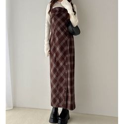 日本 GRL - 迷人開叉格紋細肩帶合身洋裝-咖啡棕