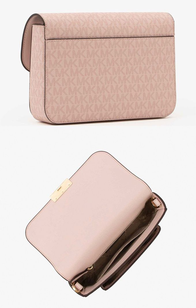 MICHAEL KORS - 滿版LOGO翻蓋皮革斜背包 (粉)