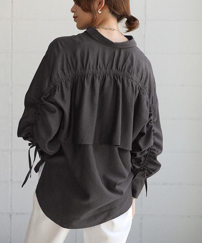 日本 Bou Jeloud - 個性抽繩設計長袖襯衫-淺墨綠