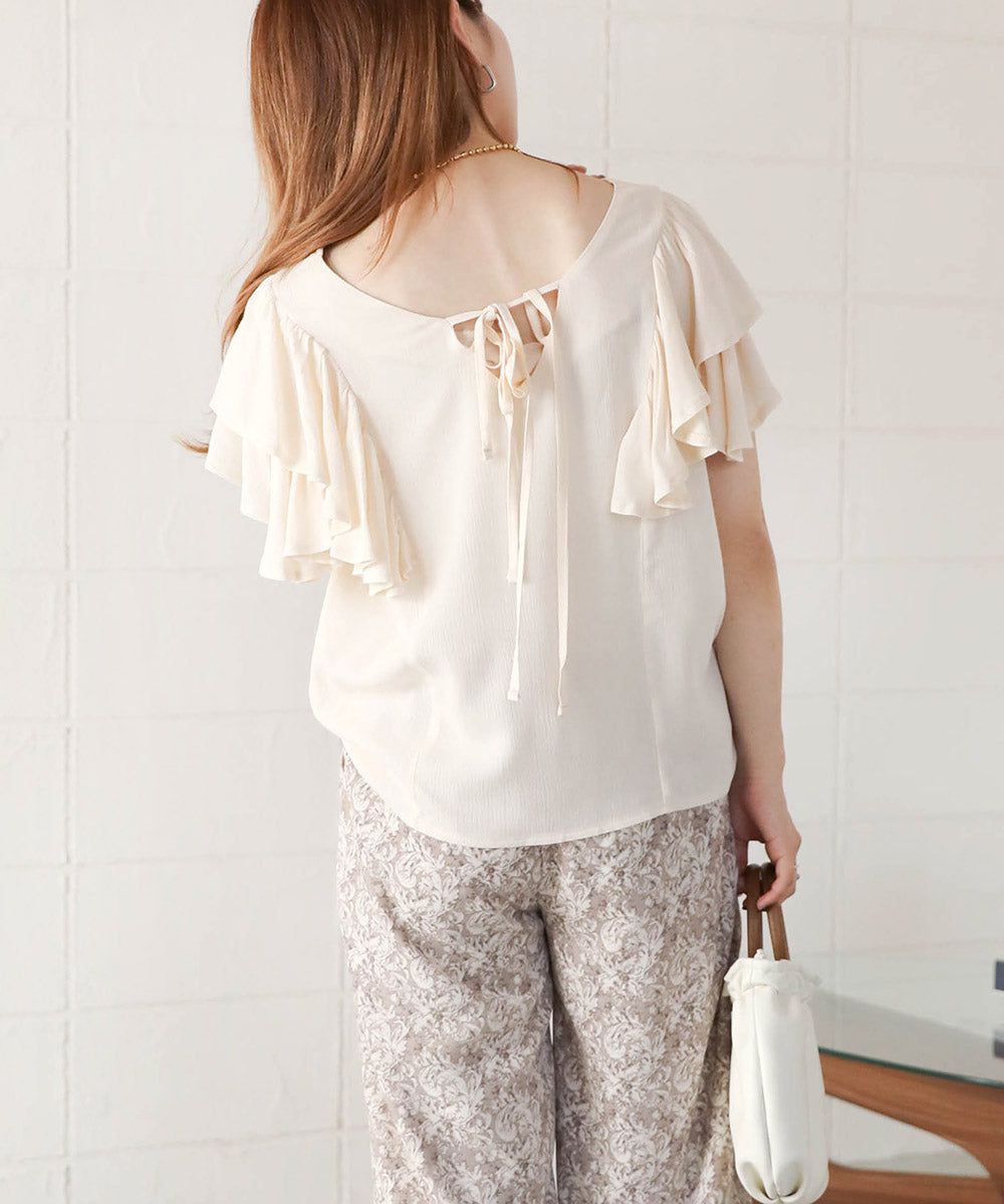 日本 Bab - 後綁帶浪漫荷葉袖上衣-淺綠