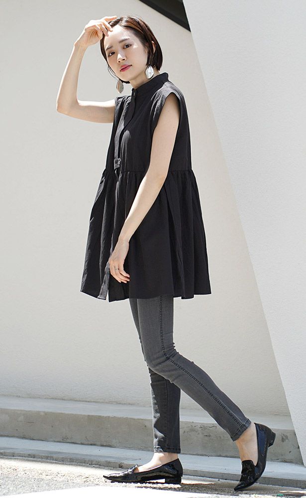 日本 zootie - 設計感抓皺修身無袖襯衫-綠