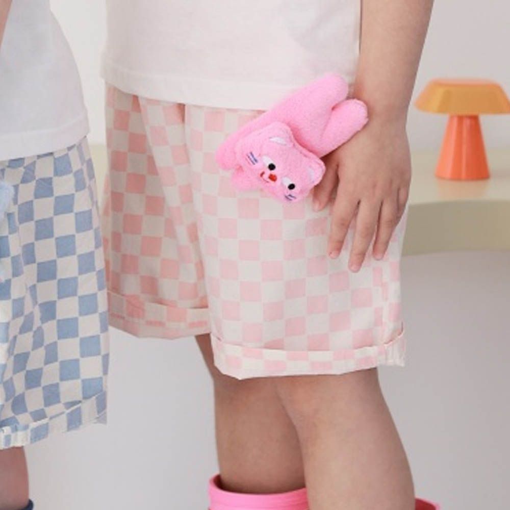 (附貓咪裝飾)鬆緊腰格紋短褲-粉