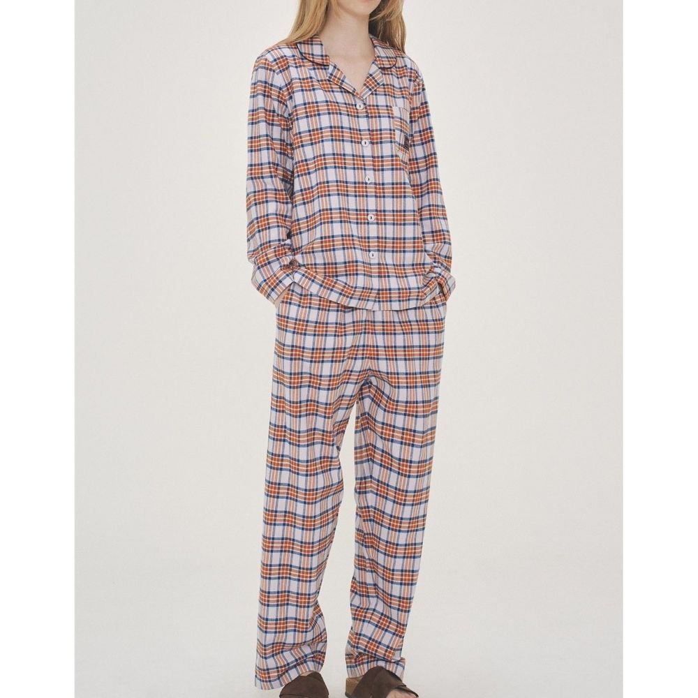 (媽媽)保暖磨毛翻領長袖睡衣套裝-格紋-橘X深藍