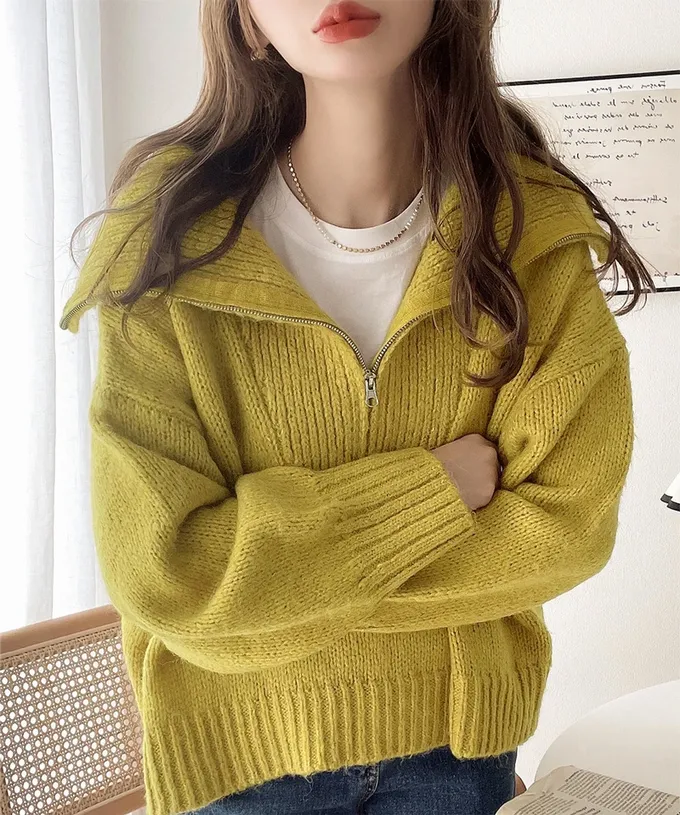 日本 Classical Elf - Java 半拉鏈率性寬鬆素面毛衣-米杏