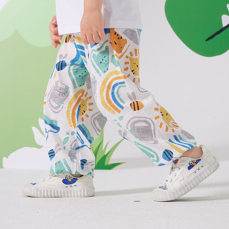 純棉束口長褲/防蚊褲-動物世界-白色