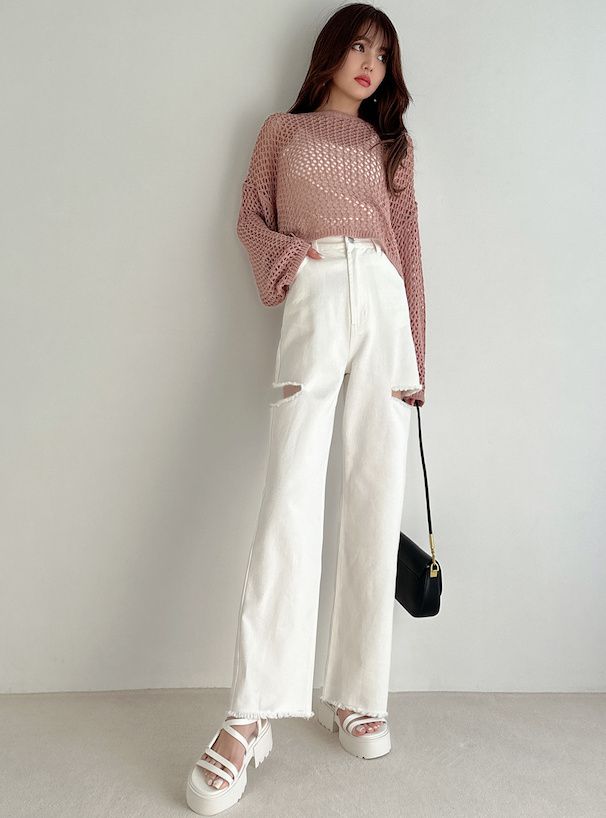 日本 GRL - 純棉厚磅美式抓破長褲-米白