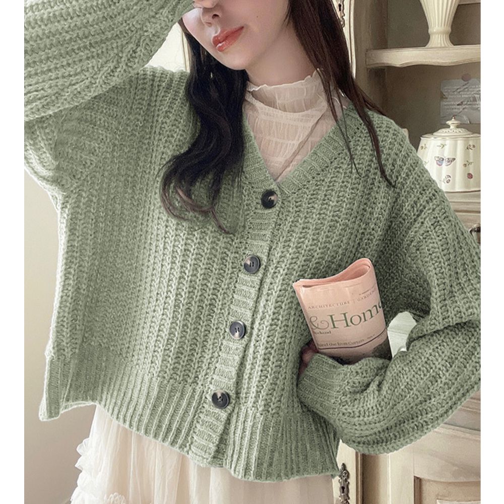 文青風粗針織V領開襟衫/外套-薄荷綠 (F)