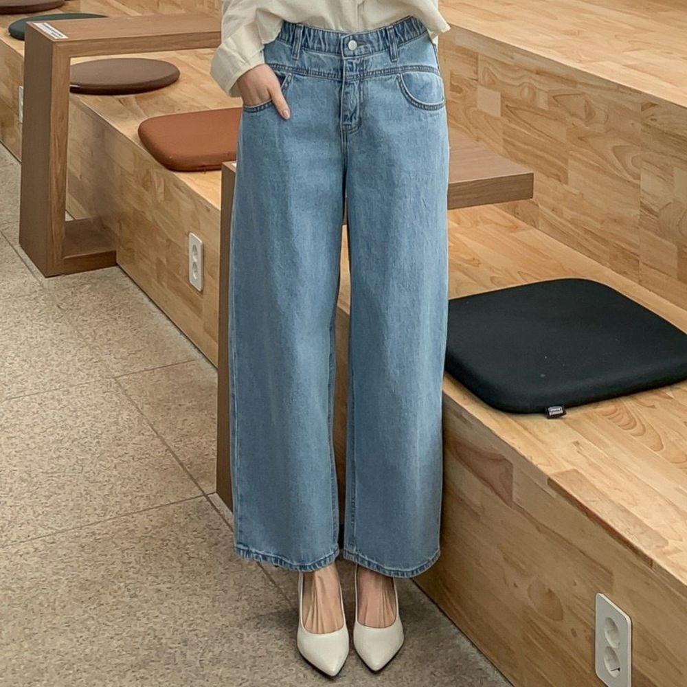 EDITION 彈性腰個性拼接感寬鬆繭型褲-淺藍