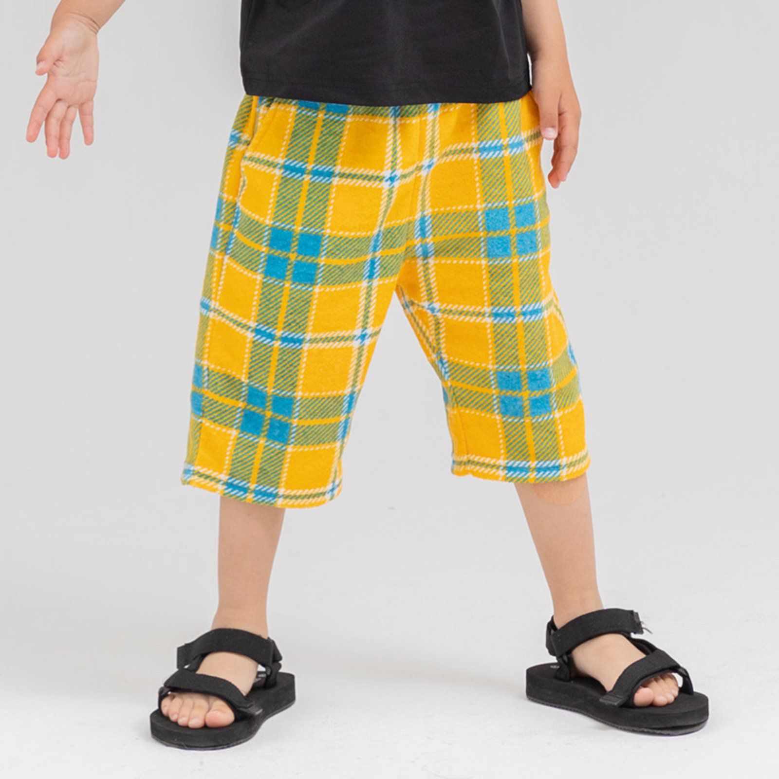 日本 Chil2 - 清爽起絨布寬版印花短褲-格子-黑白