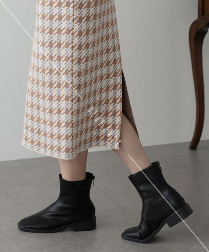 日本 BLUE EAST - 氣質千鳥格針織開叉合身長裙-杏米