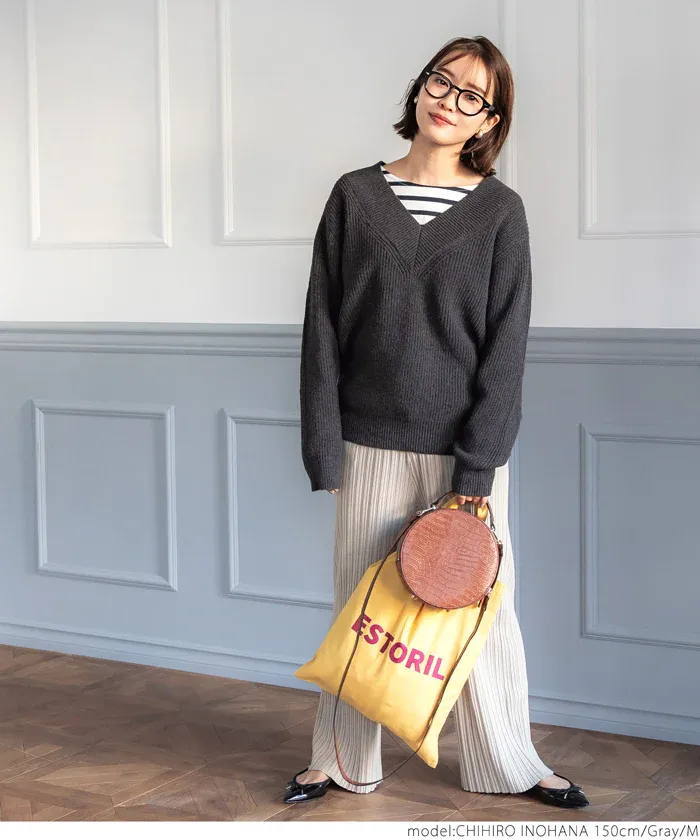 日本 COCA - 文藝V領羅紋針織毛衣-芥黃