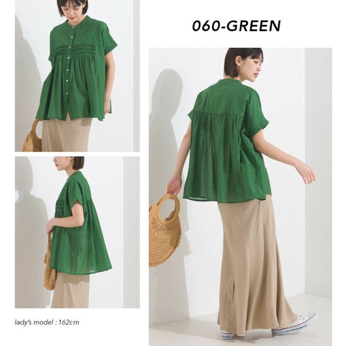 日本 OMNES - 100%印度棉 皺摺傘狀短袖襯衫-棕條紋