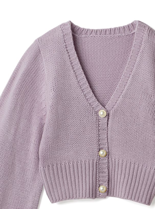 日本 GRL - V領珍珠釦泡泡袖針織外套-淺粉紫 (F)