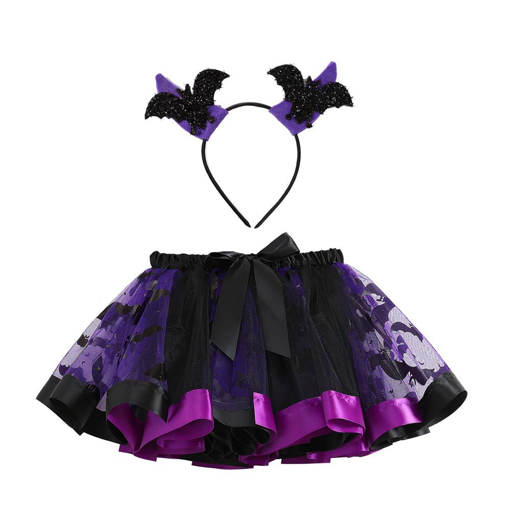 TUTUDRESS - 兒童網紗澎澎裙/片片裙+髮箍-蝙蝠款-黑+紫-萬聖節裝扮