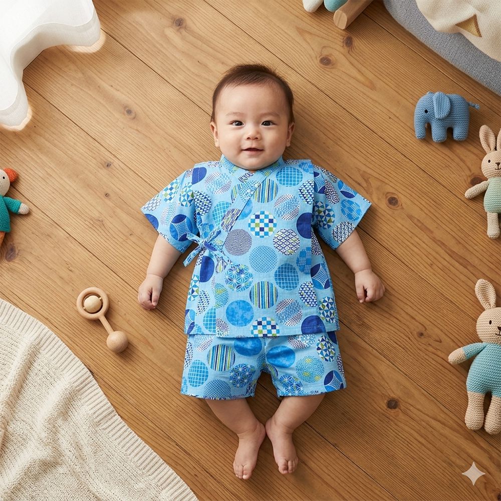 幼兒兩件式甚平-圓形和風圖案-淺藍色