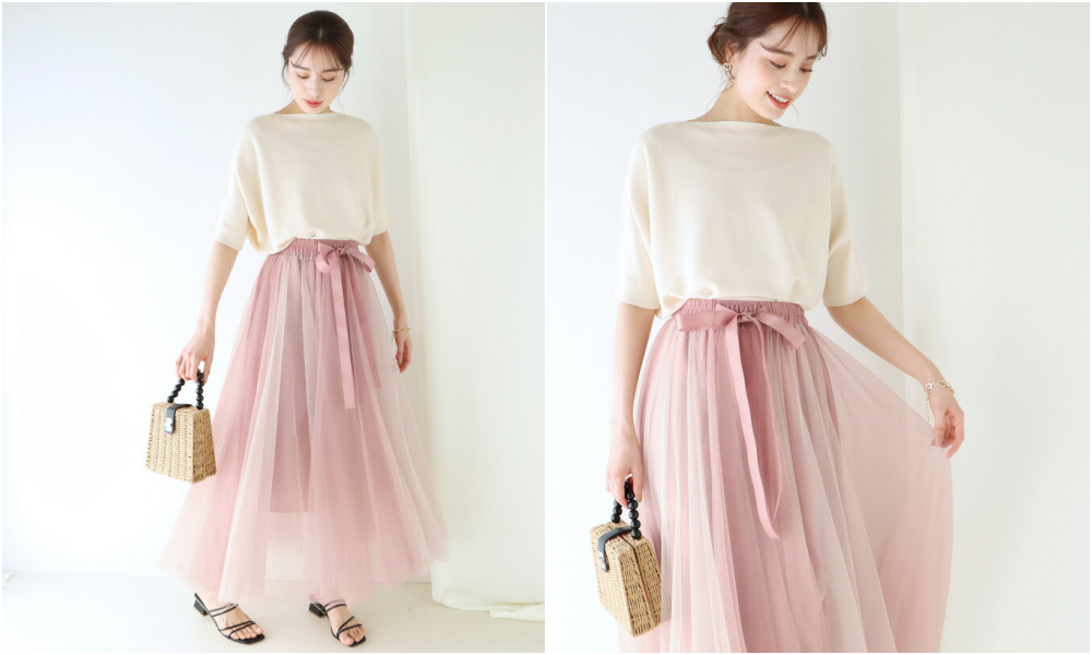 日本 BLUE EAST - 浪漫漸層拼接蝴蝶結綁帶紗裙-粉 (M(Free))