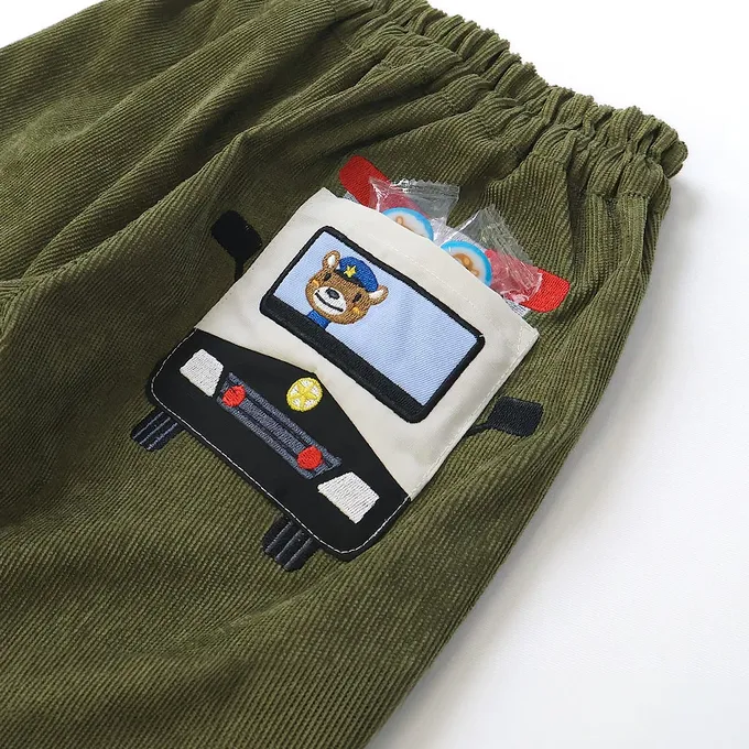 日本 ZOOLAND - 熊熊救援隊 燈芯絨車車口袋長褲-警車-軍綠