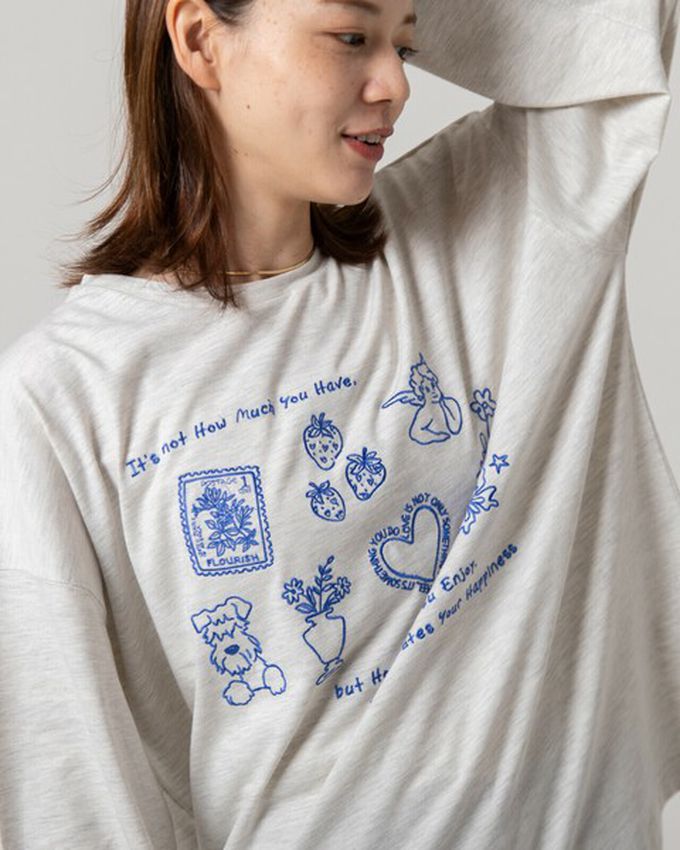 日本 gleam - 甜蜜刺繡印花休閒寬版長袖T恤-黑