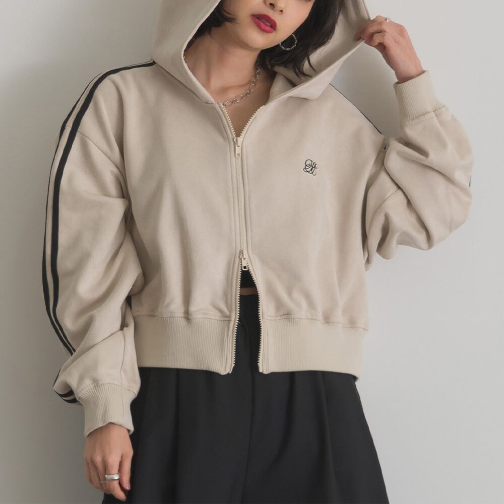 麂皮俐落雙拉鍊短版連帽外套-象牙米