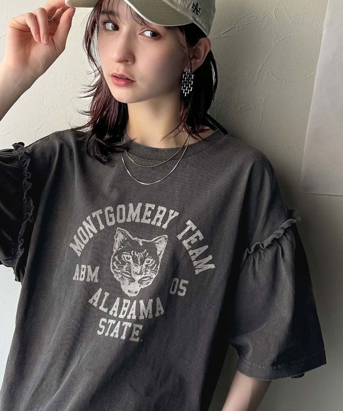 日本 Classical Elf - 貓科酷印花寬大荷葉五分袖上衣-粉紅