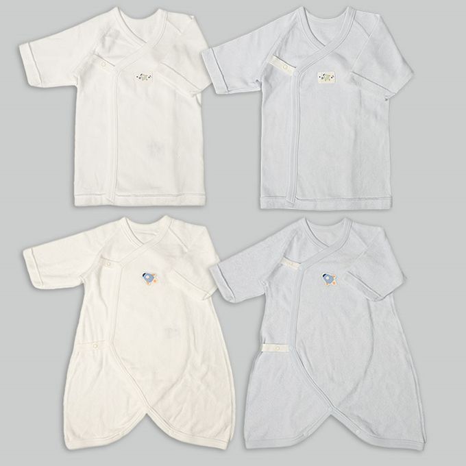 akachan honpo - 長袖新生兒內衣4件組-按扣款 毛圈布 火箭-淺藍色 (50~60cm)