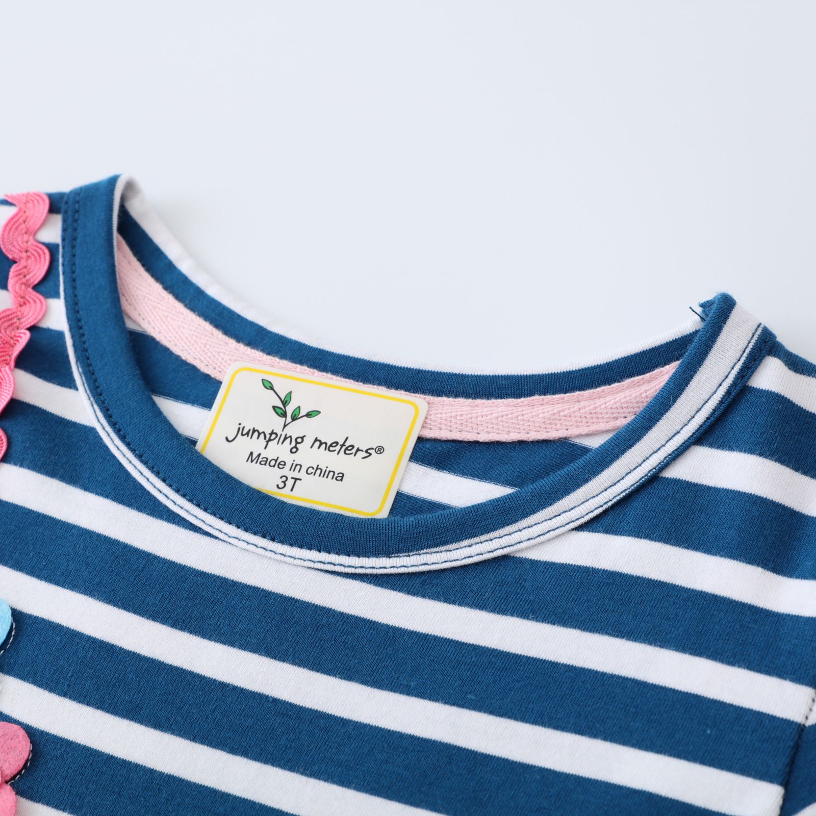 Jumping meters - 棉質圓領立體長袖連身洋裝-花花獨角獸-深藍色